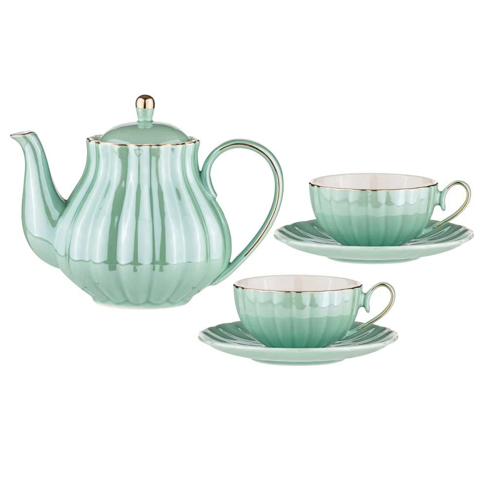 Ashdene Parisienne Pearl Teapot & 2 Teacup Set Aquamarine