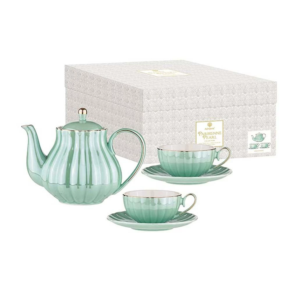 Ashdene Parisienne Pearl Teapot & 2 Teacup Set Aquamarine - Image 3